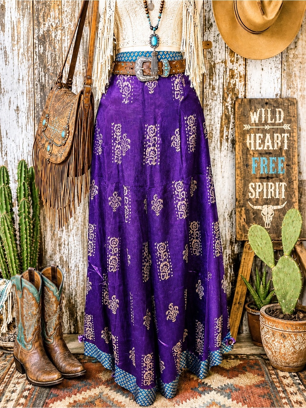 Jaded Gypsy L/XL Bohemian Purple Printed Wide Leg Pants